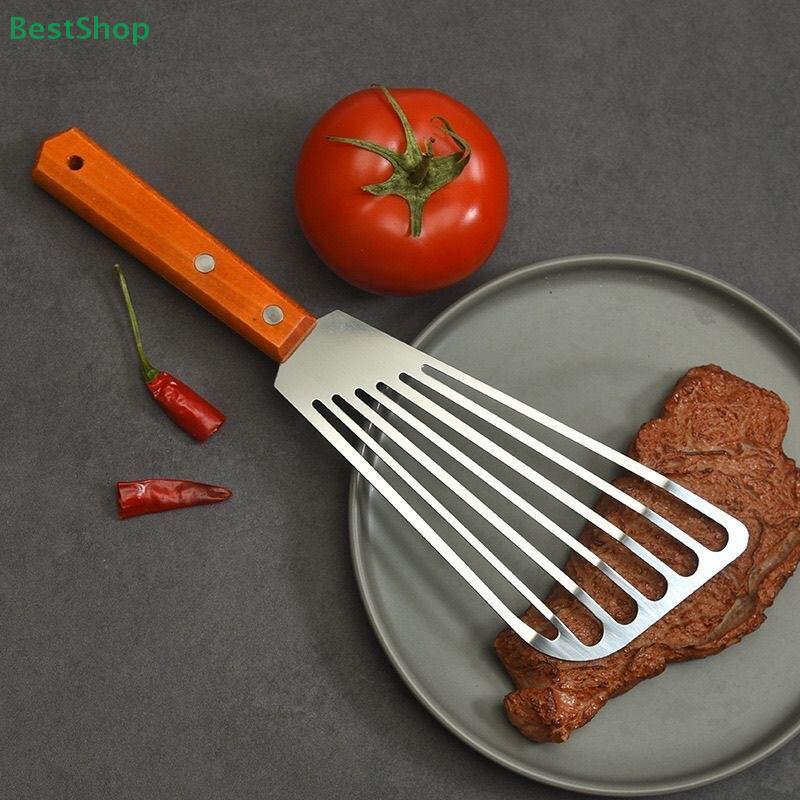 Stainless Steel Wooden Handle Fan-shaped Hollowed-out Flipping Fish Spatula BBQ Cooking Spatula