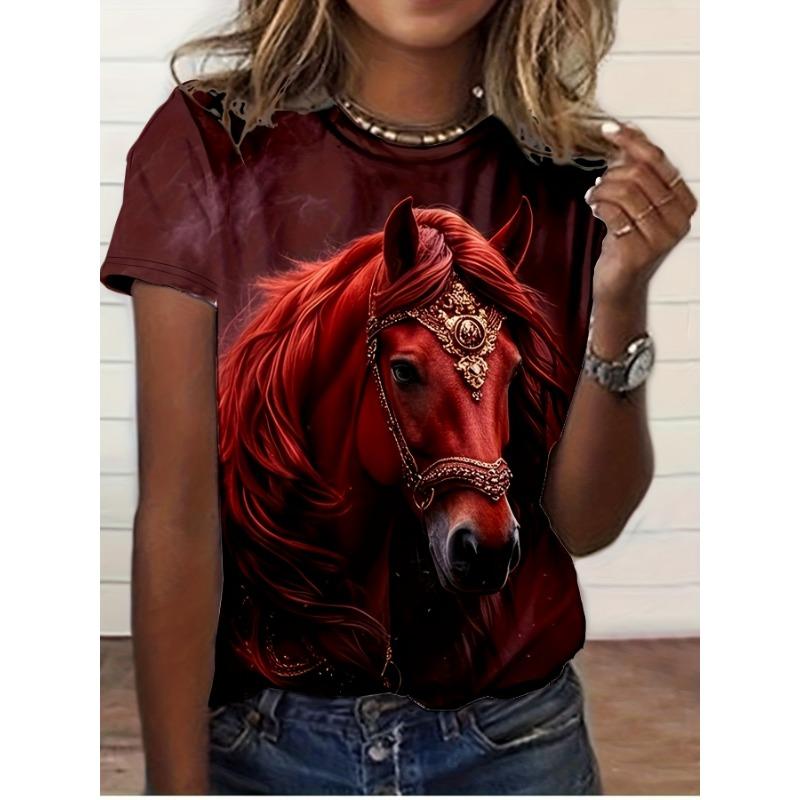 Women's Tee - Ornate Gilded Blue Horse Graphic, Regal Mythical Steed Design for Casual Daily Wear