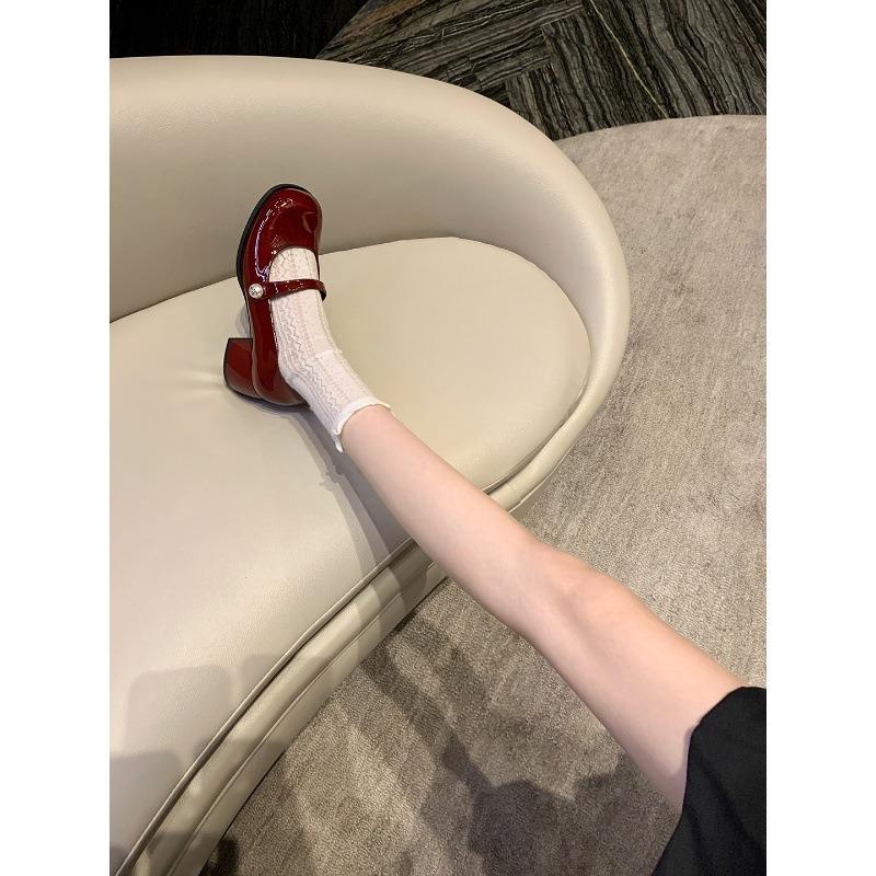 Sheepskin round head thick heel pearl word with thick heel Mary Jane shoes women's high heels versatile light mouth single shoes