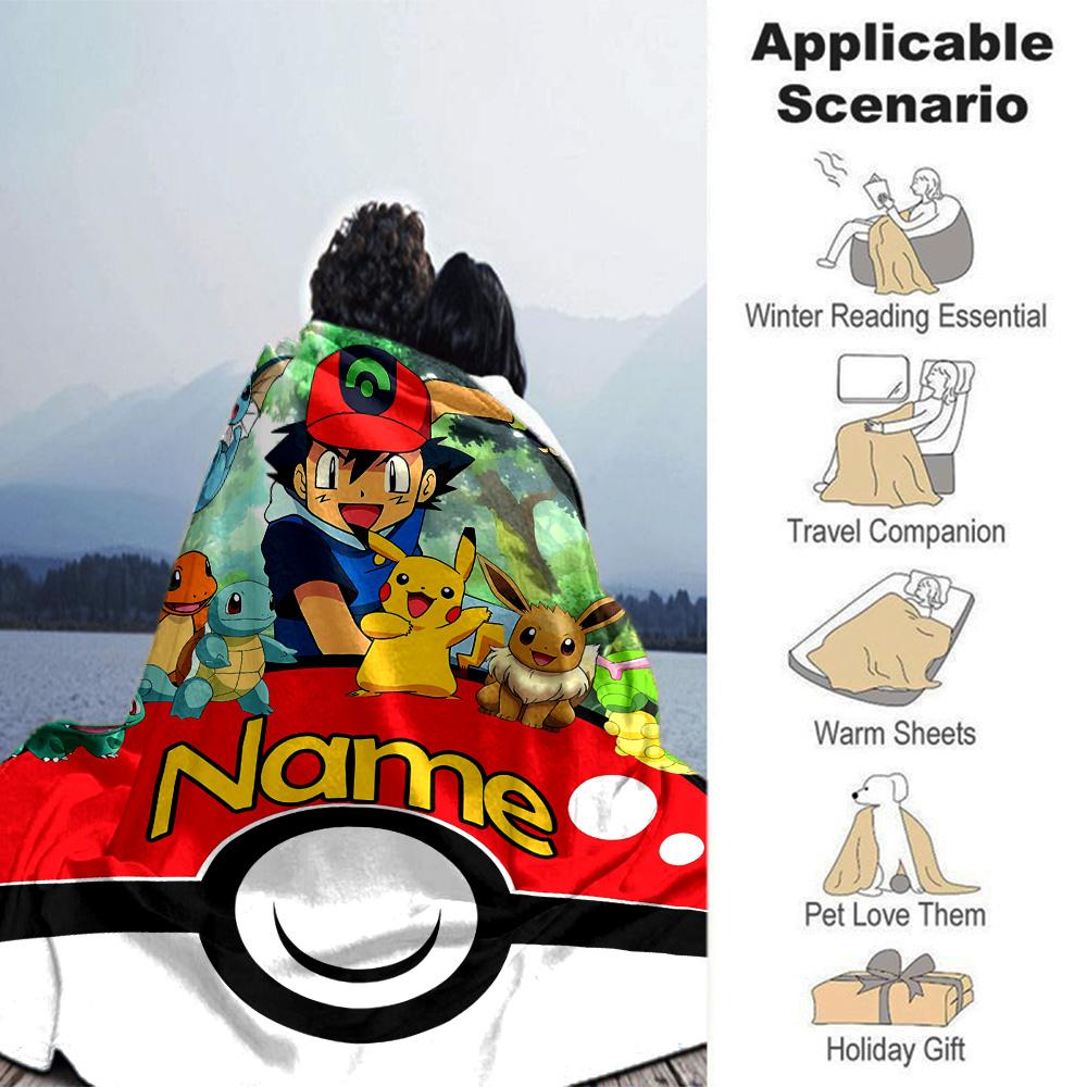 Coperta Personalizzata Nome Personalità Pokémon Ash e Pikachu Morbida e Calda per Divano Ufficio Letto Viaggio Pausa Pranzo, Regalo Adatto a Tutte le Stagioni