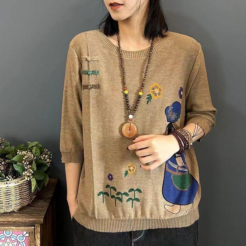 Retro Casual Knit Sweater Top Large Size Five-point Sleeve Spring and Autumn Round Neck Loose Bottoming Sweater