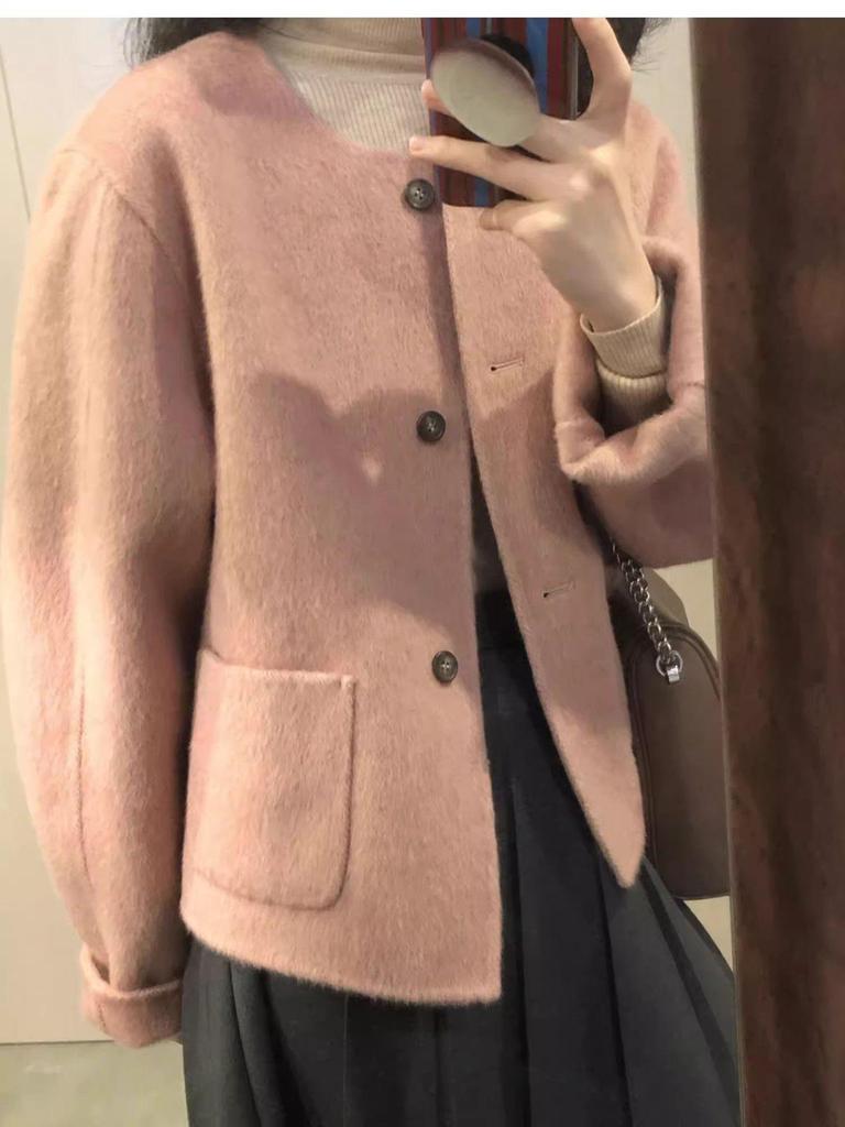 Korean Petite High-Waisted Wool Coat - Pink Short Jacket for Autumn/Winter