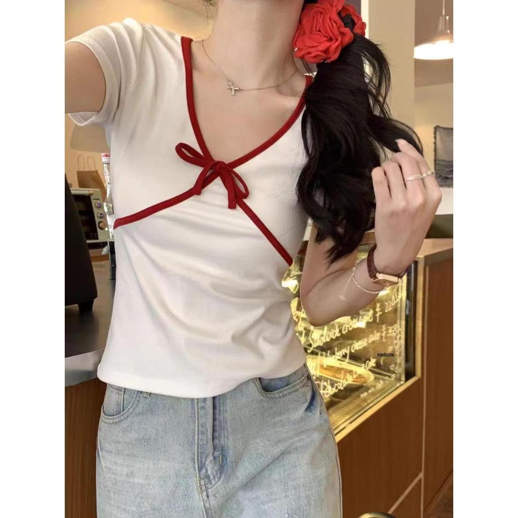Women's Slimming V-Neck Bow Tie Short Sleeve T-Shirt – Chic, Age-Reducing Summer Fashion