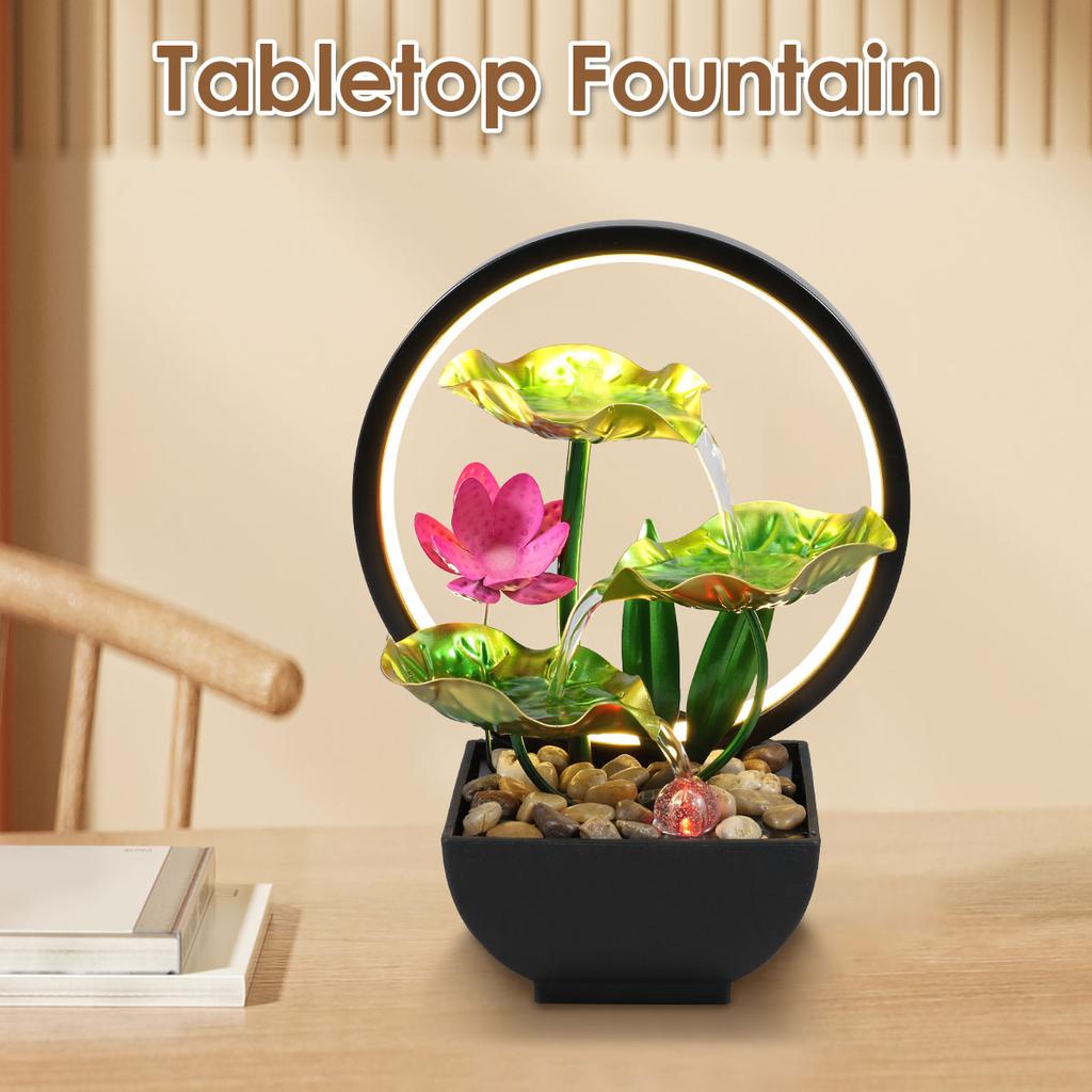 Desktop Fountain Water 3-layer Water Leaves Small Waterfall Fountain Indoor Rock Fountain and LED Ring Light Desktop Decoration