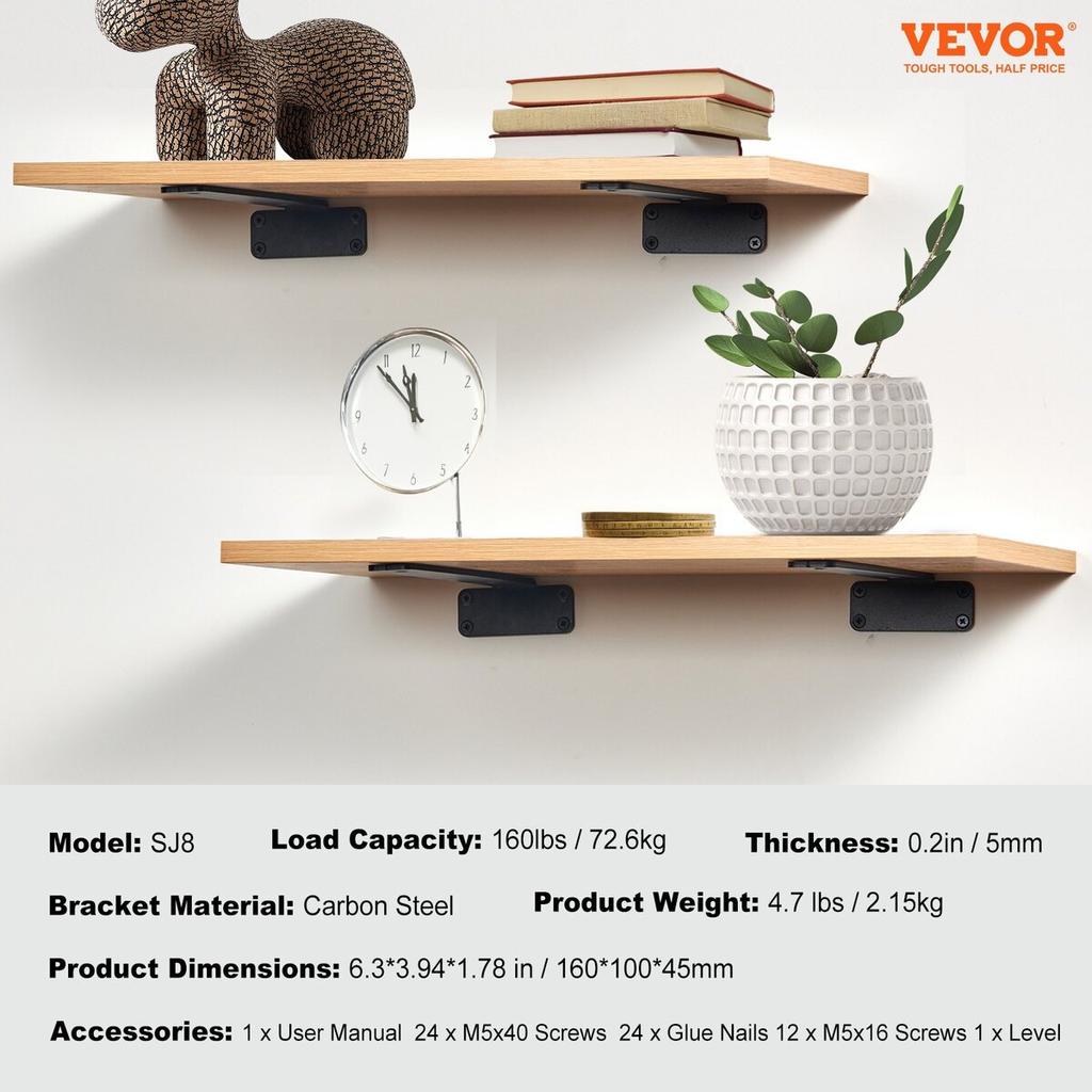 Shelf Bracket, 6”L x 4”W x 1.6”H 6 Pcs, Heavy Duty Floating Shelf Brackets, Brackets for Shelves, 5mm Thick Matte Black L Shelf Bracket,Steel Shelving