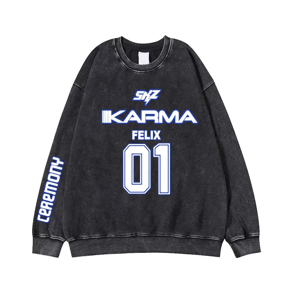 Stray Kids SKZ Karma Crewneck Sweatshirt Kpop Merch Member Name Number Print Vintage Pullover Casual Streetwear Unisex Long Sleeve Tops for Fans