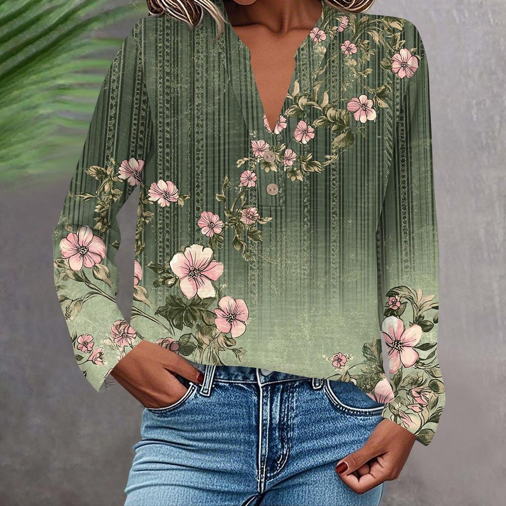 Women's Fashionable And Casual Shirt Long Sleeve V-neck Button Printed Blouse Top