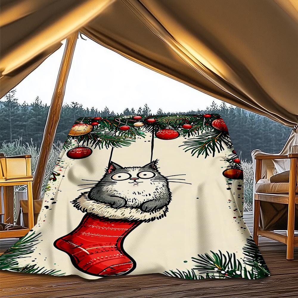 1pc Christmas Stocking Cat Outdoor Soft Polyester Flannel Throw Blanket Versatile for All Seasons , Soft , Cozy , Warm All Season Quilted Throw ,