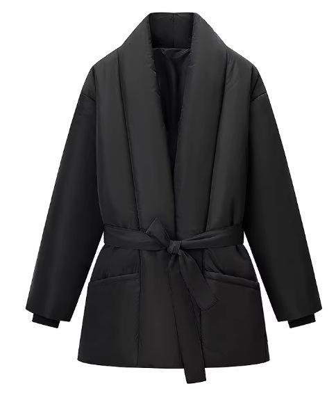 European and American style wholesale women's fashionable versatile elegant simple solid color lace-up loose warm cotton jacket