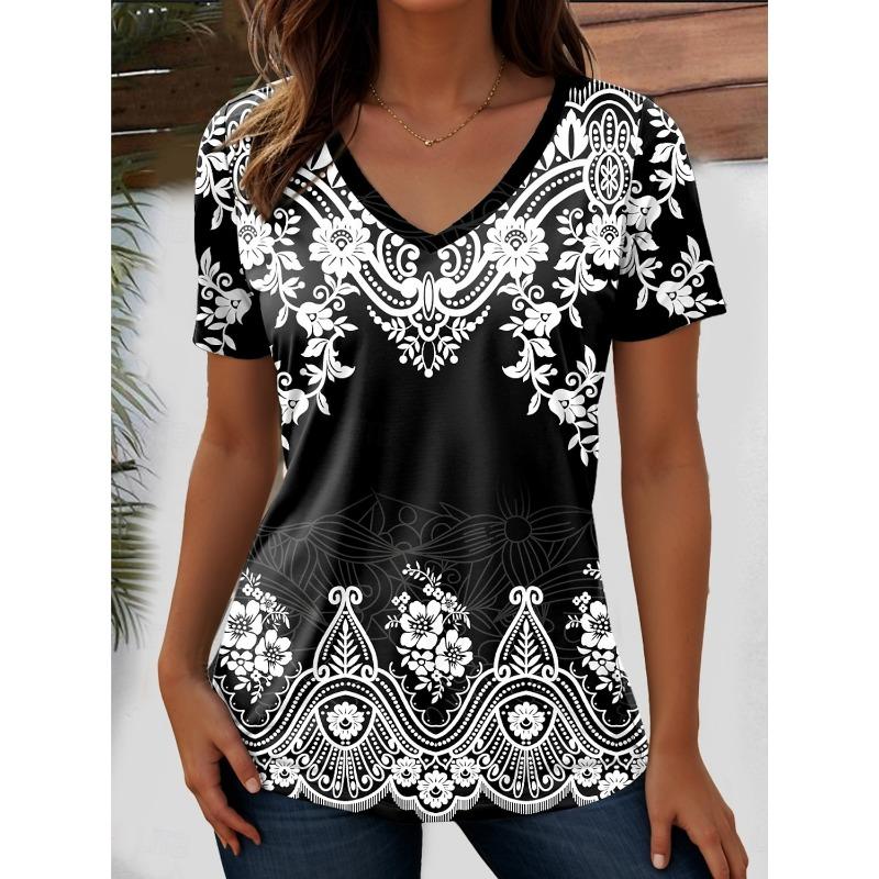 Ethnic Women's T-Shirt Vintage Graphic Fashion Short Sleeved V-Neck Regular Tops Daily Print Tee Summer Spring Casual Tops