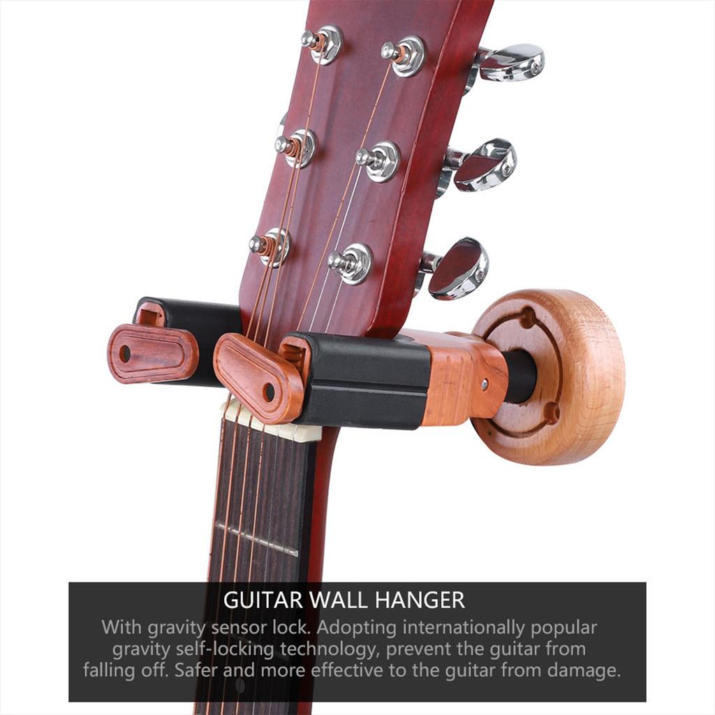 Guitar Wall Mount Hanger Holder Solid Wood Base Plastic Rubber Hook Body (Red Wood Color)
