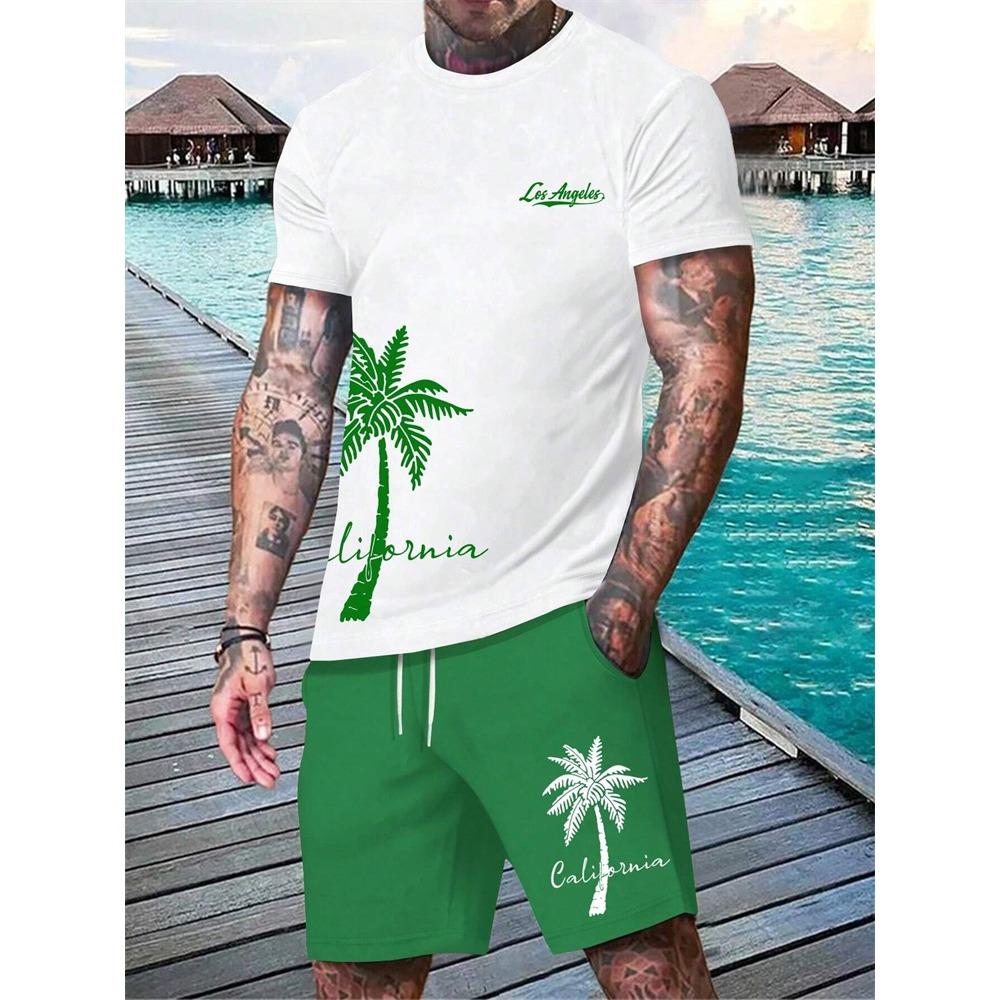 

Summer Palm Tree Gradient Print Round Neck Short Sleeve Casual Men s T-Shirt Drawstring Shorts Set Holiday Beach Travel Set 6XL