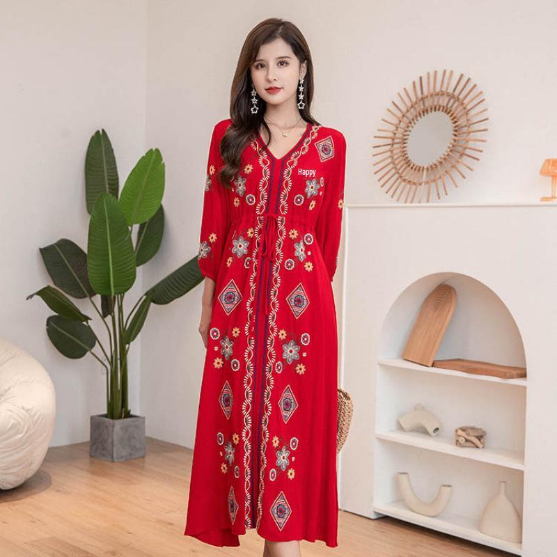 Böhmisches Ethno-Baumwollleinen-Stickkleid mit V-Ausschnitt und langen Ärmeln zum Binden in der Taille für Damen