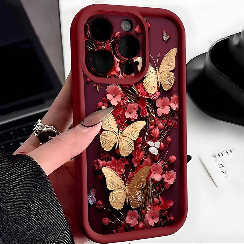 Golden butterflies and vintage red flowers Phone case iPhone 15 Pro Max 11 12 13 16 14 Plus Soft Silicone Protective Case iphone 16 ProMax