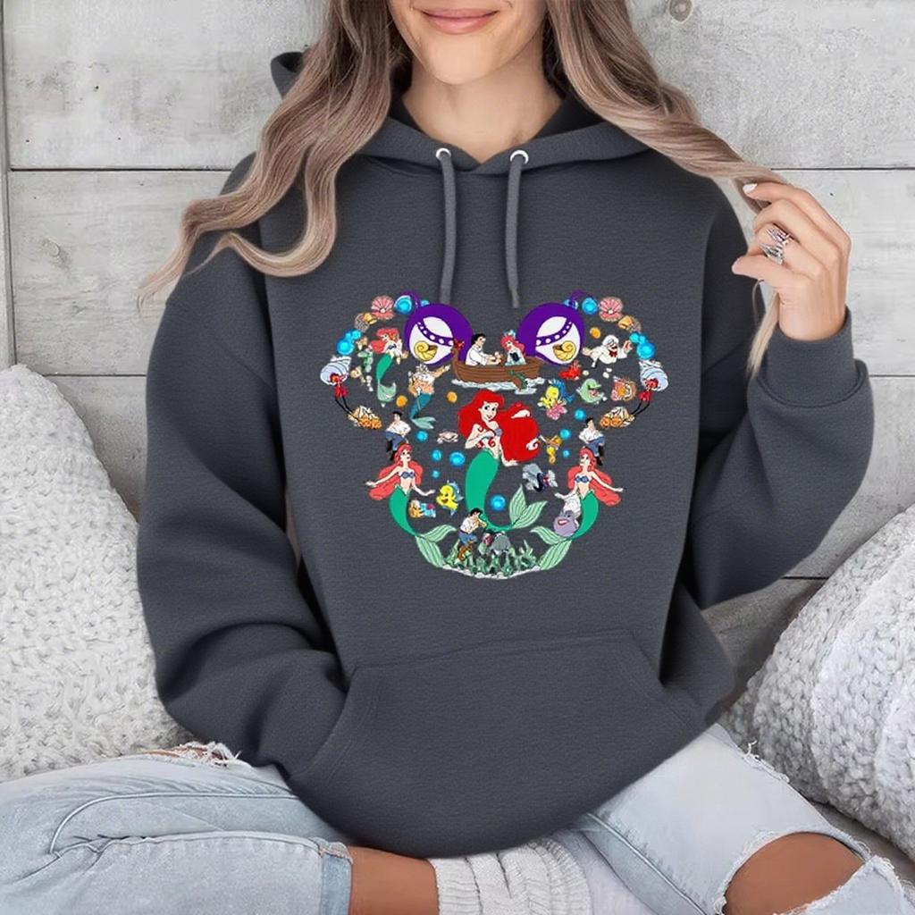 Disney Parent-child Outfits for Girls, Little Mermaid Printed Women's Multi-color Hoodie, Casual Sportswear, Loose Top