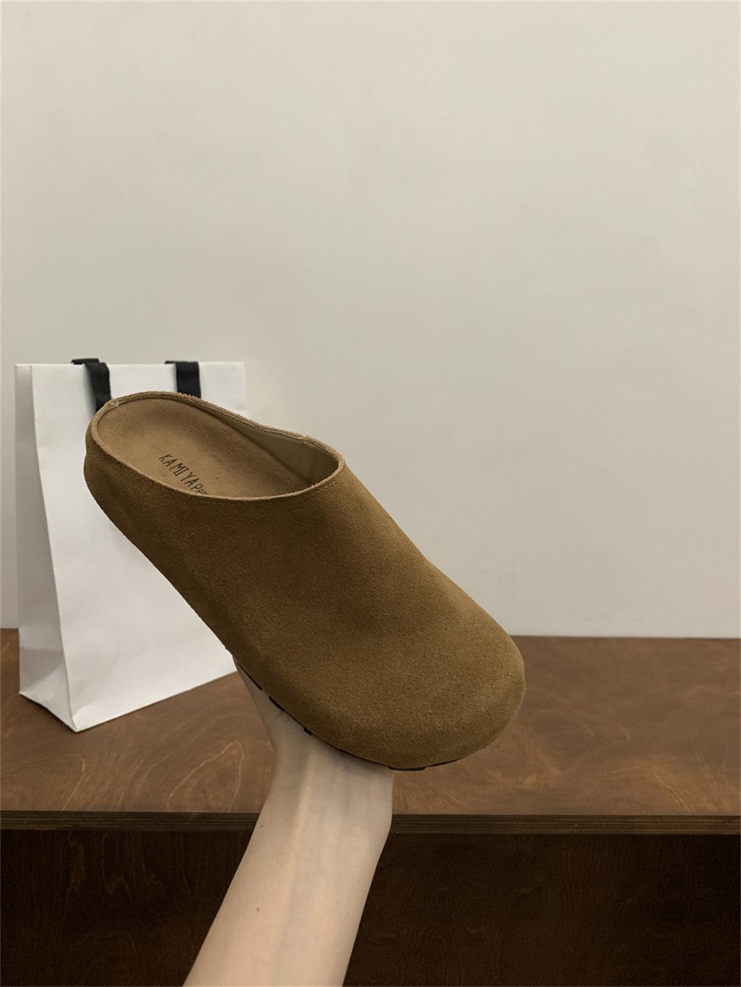 Summer Thick-Soled Bag Head Half Slippers Women S Outer Wear Flat-Bottomed Round Head Slippers Frosted Leather Casual Sandals Half Slippers 35