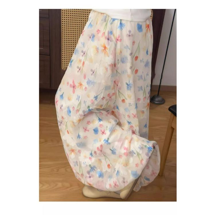 Summer Fashion Floral Print Pants High Waist Wide Leg A Line for Women