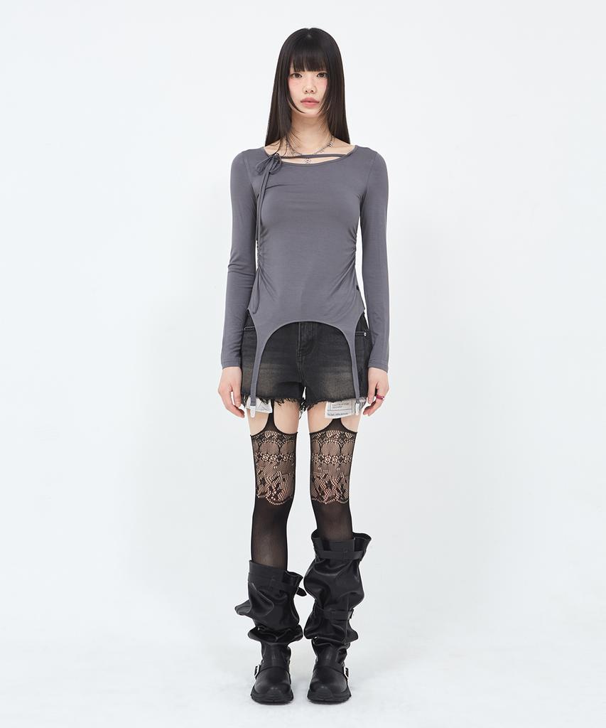 Sekeondeusolteu Layered Damaged Washed Denim Shorts (Raw Black)