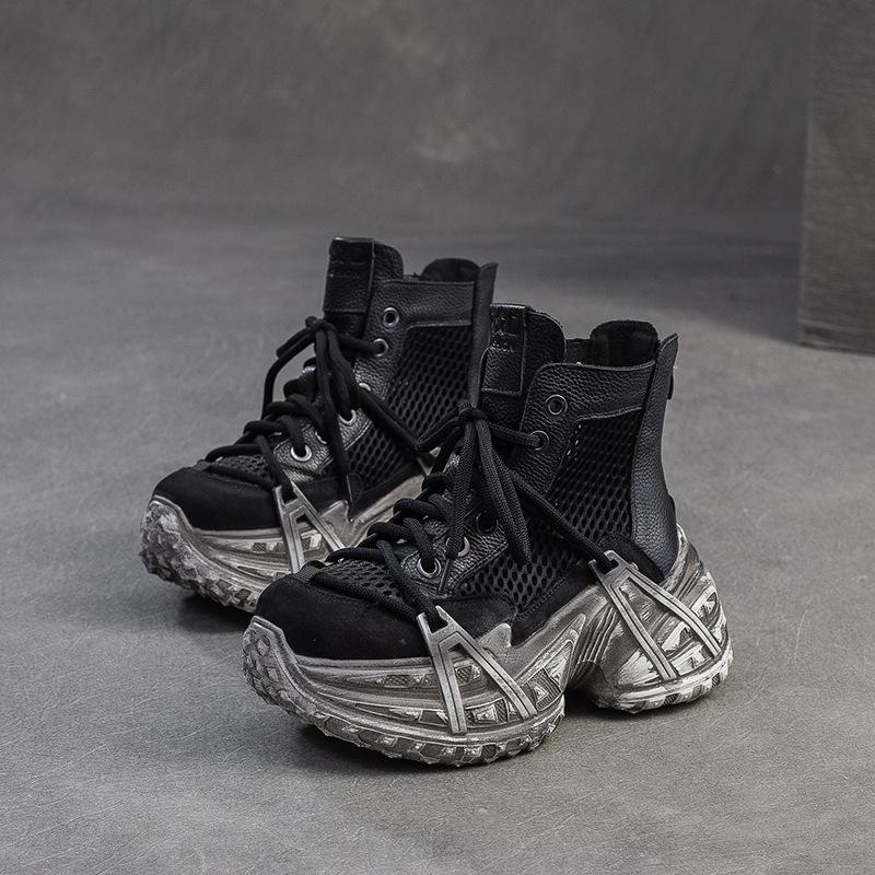 Johnature Vintage Genuine Leather Splicing Mesh Breathable Hollow-out Boots Women's Platform Shoes