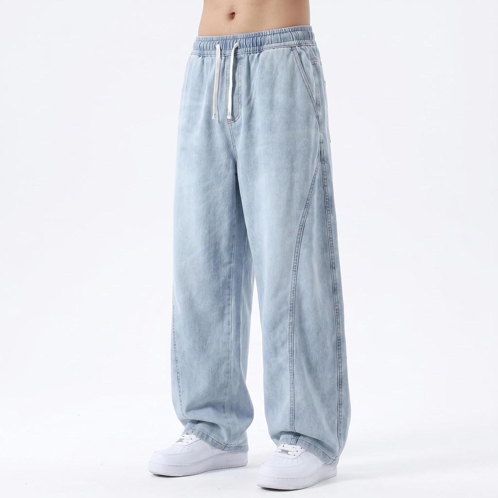 2026 Spring Summer New Men's Loose Straight Pants Wide Leg Long Trousers Streetwear Trendy Quick Drying Breathable Denim Jeans
