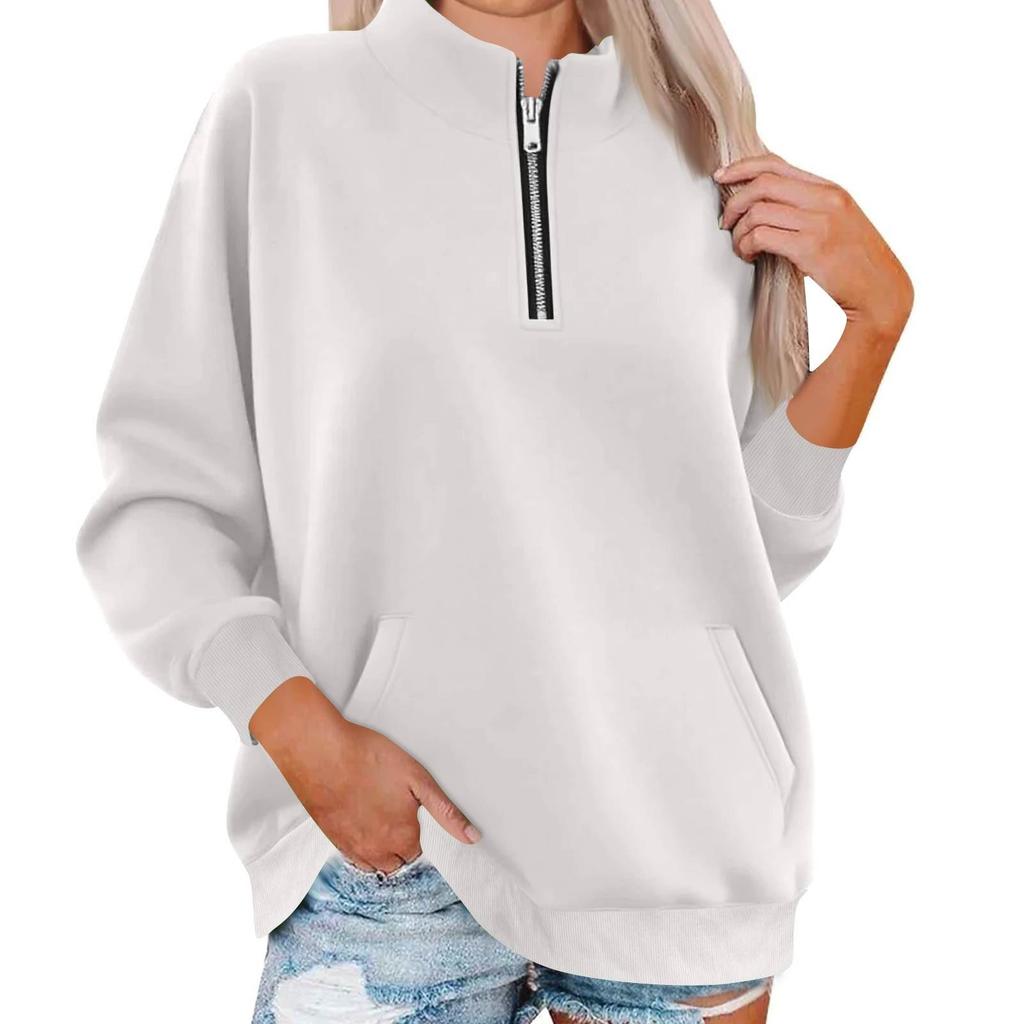 Women's Fashion Long Sleeve Loose Oversize Solid Color Half Zipper Neck Sweater Top With Pockets