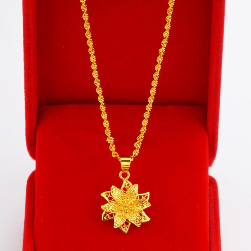 Gold-Plated Brass Lily Pendant Necklace with Vietnamese Sand Gold Water Wave Design