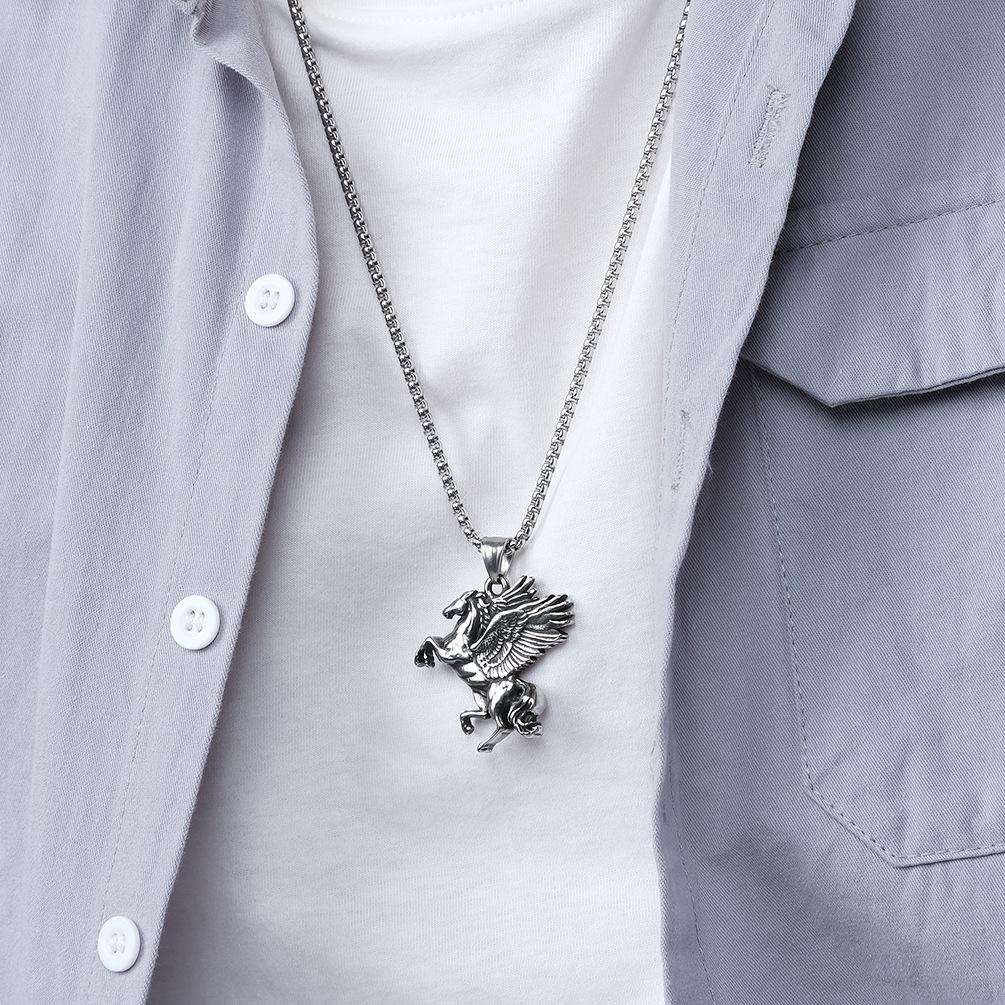 Retro Style Greek Mythology Titanium Steel Pegasus Unicorn Necklace, Double-Winged Pendant For Men And Women