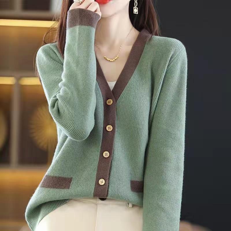 Autumn Women Fashion Color-block Cardigan Sweater Loose Knitted Top