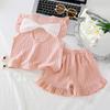 Girls Summer Sweet Bow Tie Flutter Sleeve Ruffle Shorts Two Piece Set Baby Lace Homewear Outfit