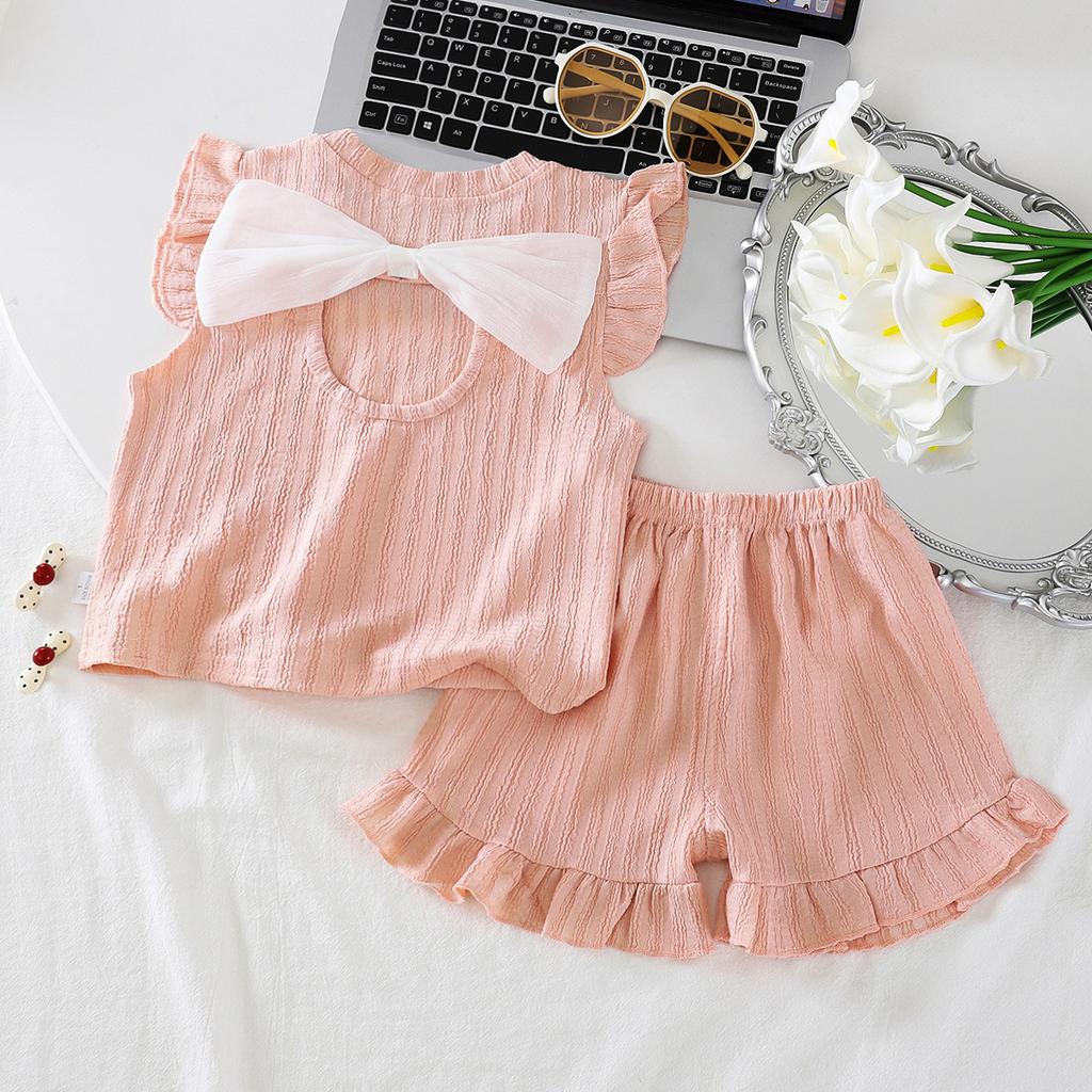Girls Summer Sweet Bow Tie Flutter Sleeve Ruffle Shorts Two Piece Set Baby Lace Homewear Outfit