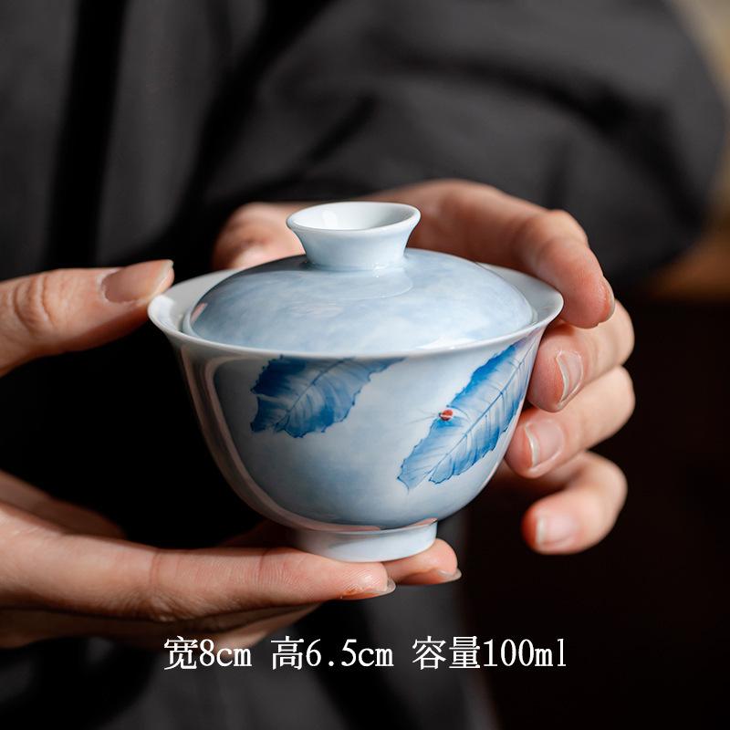 

100ml Hand-painted Banana Leaf Gaiwan Luxury Cup Saucer Tea Tureen Tea Bowl With Lid Kit Tea Maker Cover Bowl Drinkware Craft