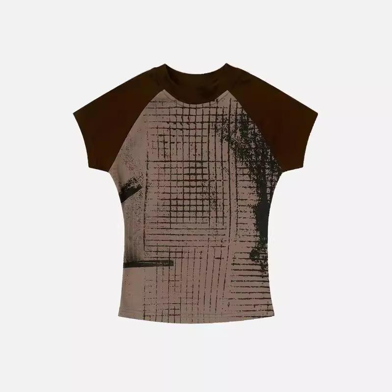 

Европейский и американский летний ретро-топ с принтом, рукавами реглан, нишевый, приталенный L темно-коричневого