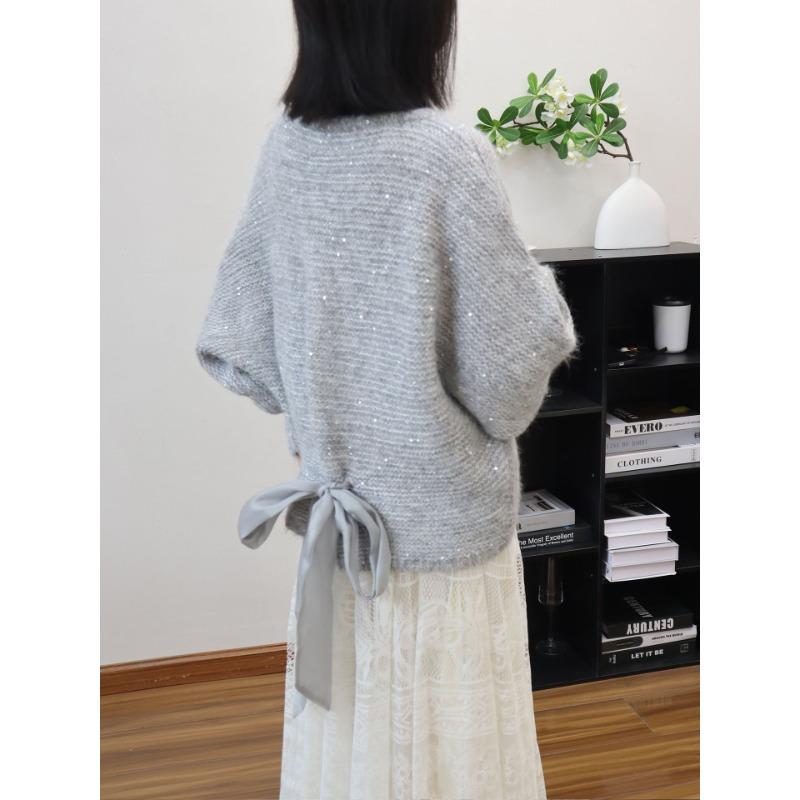 

Осень и зима новый вязаный свитер топ с бантом на спине, дизайн с пайетками, свободный свитер пуловер женский one size fits all серый
