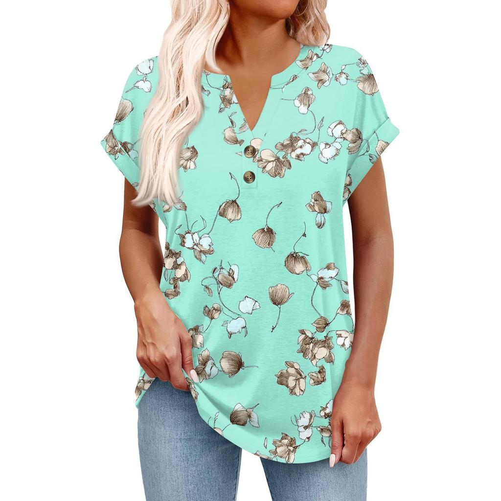 Dámský módní ležérní krátkorukávový svetr s výstřihem do V, na knoflíky, s potiskem