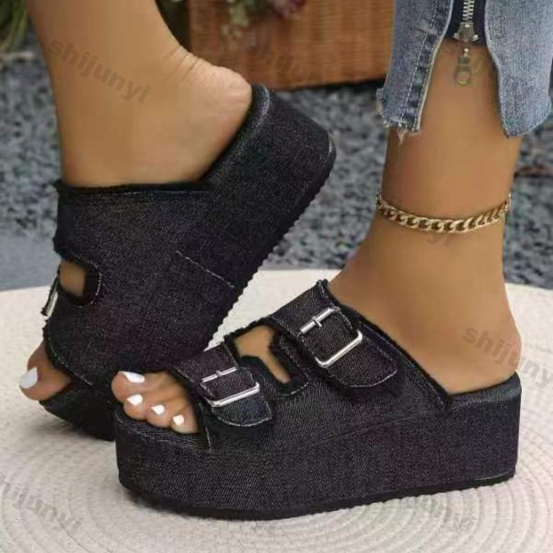 Fashion Women Denim Belt Buckle Wedge Heels Slippers Summer New Non Slip Thick Sole Beach Slippers Woman Fashion Buckle Platform Sandles