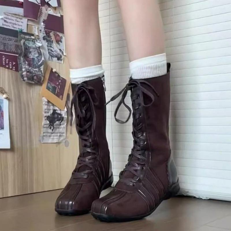 Autumn and Winter Boots Lace-up Western Boots Niche Thick-soled Solid Color New Retro Knight Boots Women