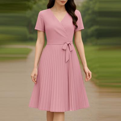 Women Casual V-Neck Summer Short Sleeve Pleated Dress