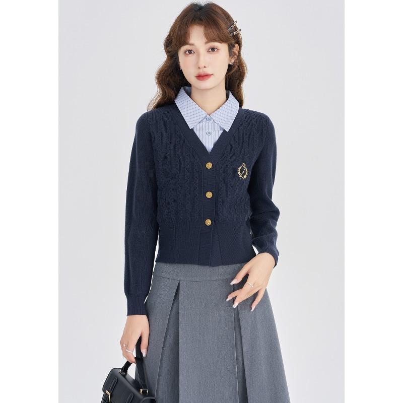 College Style Knitted Shirt Collar Splicing Fake Two-piece Top Women's Spring New Cardigan Sweater Jacket