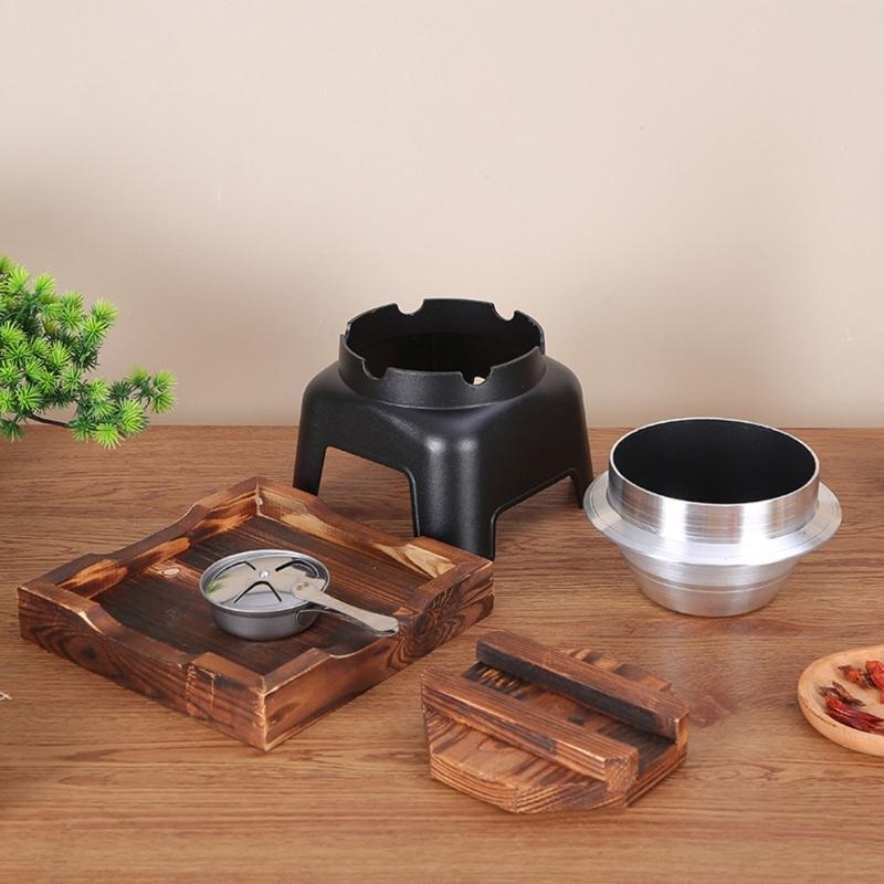 Portable Alcohols Burners Stove Cooking Pot with Wood Lid For Outdoor Picnics Hiking And Indoor Rice Making Cookware Set