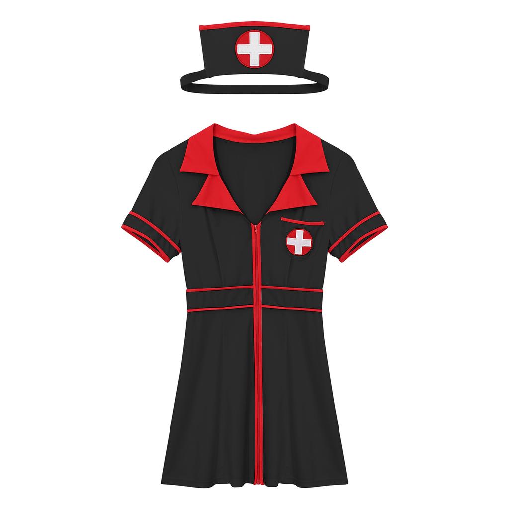 Womens Nurse Dress and Hat Costume Set Short Sleeve Front Zipper Cross Patch Dress with Headwear