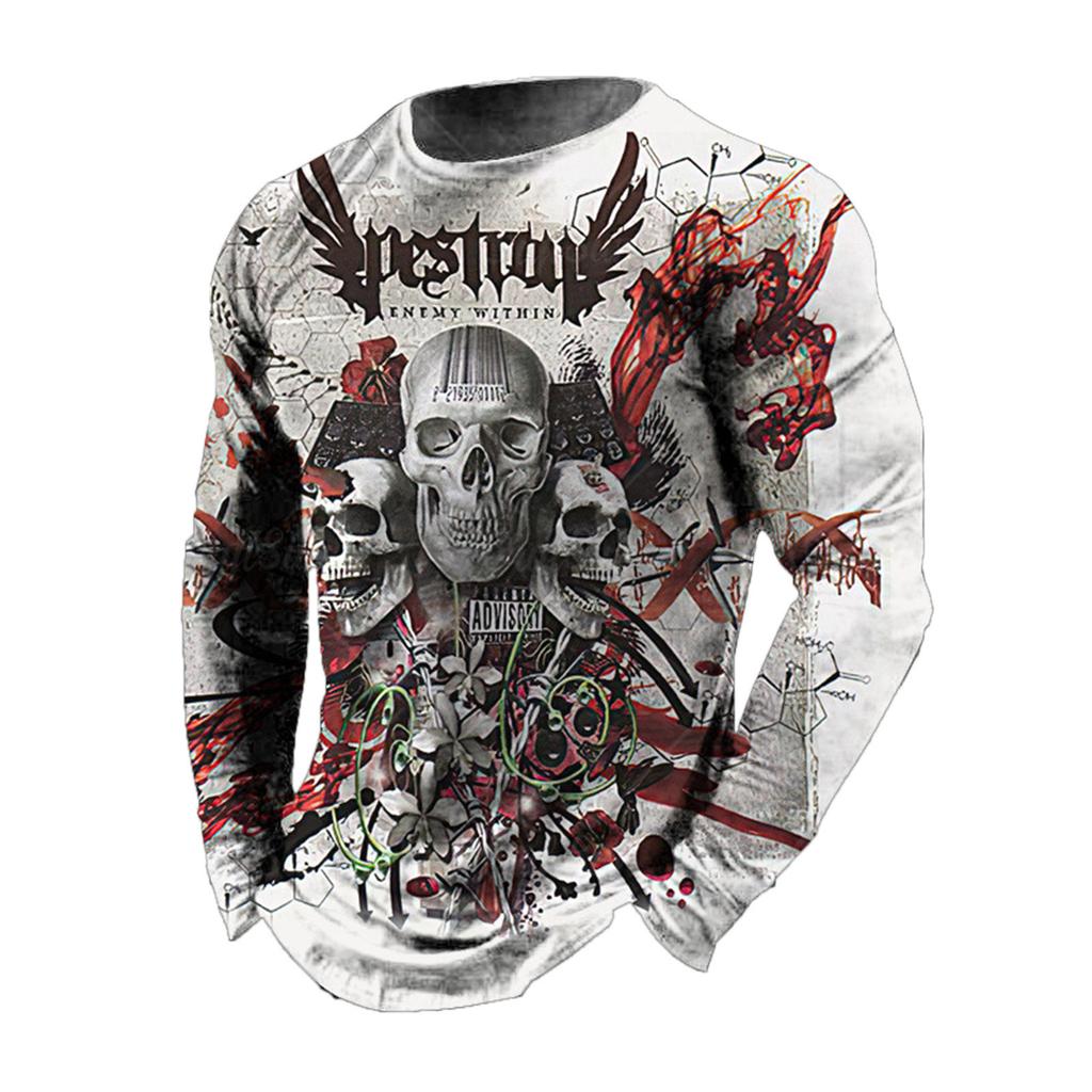 Spring and Autumn Round Neck Skull Pattern 3D Printed Top Fashionable Casual Long Sleeved Men's T-shirts