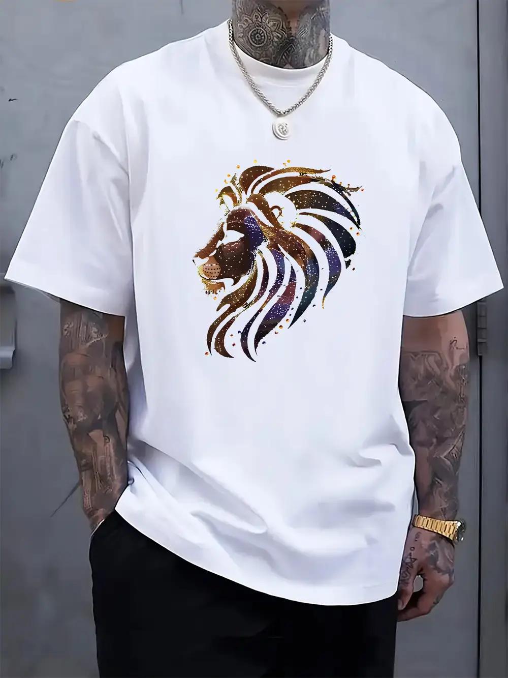 Black T-shirt with Vibrant Lion Print - Casual Crew Neck XXXL