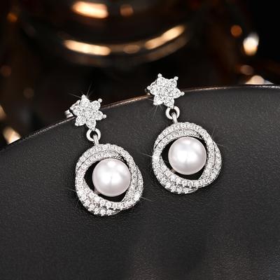 Ohrringe mit simulierten Perlen und funkelndem Zirkonia Zarte Damenaccessoires Romantischer Hängeschmuck