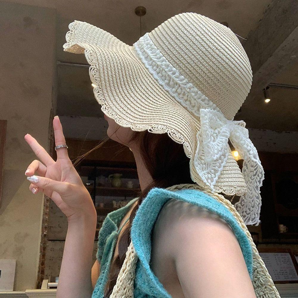 French Style Lace Bow Straw Hat Big Brim Women's Sun Hat Elegant Beach Straw Hat  Girls