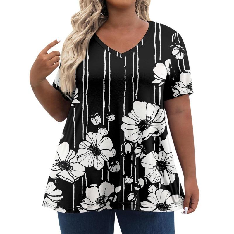 Womens Plus Size Tops Shorts Sleeve Shirts V Neck Casual Clothing Clothes Printed Tops T-Shirts Women’s