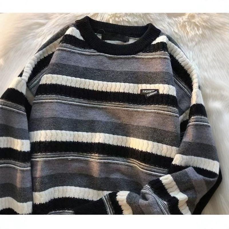 Unisex Striped Crew Neck Knitted Sweater - Autumn/Winter Trend, Hong Kong Style, Loose Fit, Versatile and Cozy.