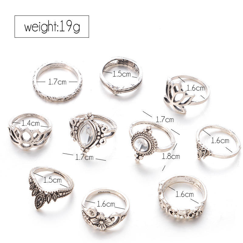 Retro Exaggerated Hollow Engraved Dabao Stone Lotus Shape 10-Piece Combination Ring
