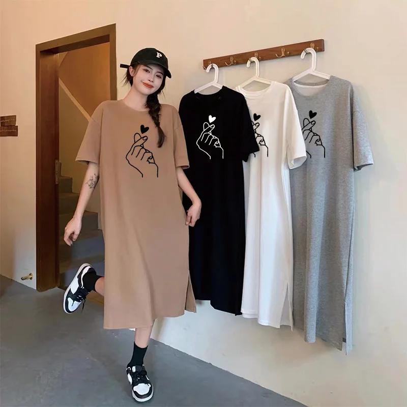 Spring and Summer Simple Temperament and Elegant Heart-print Large Size Loose Dress Casual Women Short-sleeved Going Out Dresses