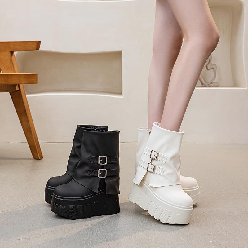 14 Cm Short Boots Women's 2025 Autumn and Winter New Thick-soled Medium Tube Thin Boots Belt Buckle Solid Color Trouser Tube Boots Trend