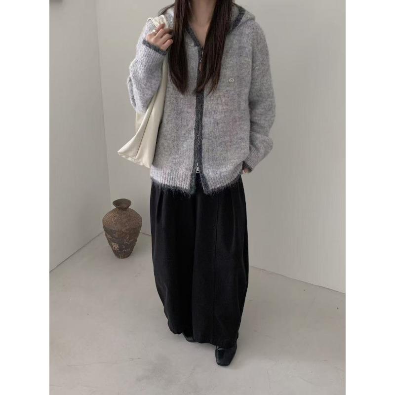 New Color Matching Edge Hooded Double Zipper Retro Casual Wool Blended Long-sleeved Knitted Cardigan Jacket Women